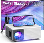 White Vidéoprojecteur WiFi Bluetooth, Mini Projecteur Portable avec Trépied, 720P Natif Supportée 1080P Projecteur Video Home Cinéma, Compatible avec Smartphone HDMI USB Firestick
