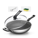 Pans 304 Stainless Steel Wok Honeycomb Nonstick with Glass Lid Less Fume Home Stir Fry Induction Cooker Gas Stove Universal