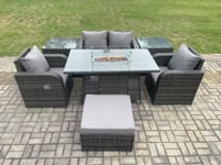 Rattan Garden Furniture Set Outdoor Patio Gas Fire Pit Dining Table and Chairs with 2 Side Tables