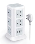 Tower Extension Lead with 3 USB Slots, TESSAN 11 Way Extension Cable Multi Plug, 2M Cord 13A Socket Overload Protection for Electric Vertical Power Strips Switched, Grey