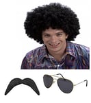 1980s 80s Scouser Black Afro Wig, Moustache and Aviator Sunglasses Fancy Dress