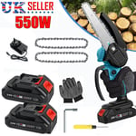 2 Batteries 550W Mini Chainsaw Cordless 6'' Electric One-Hand Saw Wood Cutter UK