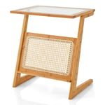 Z-shaped End Table Side Table Nightstand Rattan Magazine Rack Tempered Glass Top