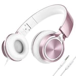 Ailihen MS300 Wired Headphones with Microphone for Chromebook Laptop Computer Smartphone, 3.5mm Foldable Lightweight Headset for School Teen Girls Teenager Online Zoom (Rose Gold)