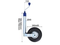 Stödhjul Ø48mm med stålfälg. Luftgummihjul 260x85mm. Belastning 136kg