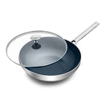 Blue Diamond Cookware Triple Steel Stainless Steel Ceramic Nonstick, 28 cm/3.6 Litre Wok Pan with Lid, Tri-Ply, PFAS-Free, Multi Clad, Induction, Oven Safe, Silver