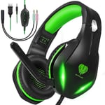 Stereo Gaming Headset with Microphone for PS5 PS4,Nintendo Switch,Xbox One,Laptops,PC,Phones, Noise Cancelling Over Ear Headphone with Mic & LED Light, 50mm Drivers, 3.5mm Audio Jacks (Black Green)