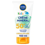 NIVEA SUN Crème Minérale Kids FPS 50+ (1 x 150 ml), Crème solaire aux filtre UVA/UVB 100% Minéraux, Protection solaire ultra-résistante à l’eau et à la formule vegan
