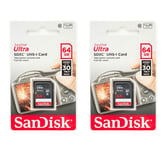 2pcs SanDisk Ultra 64 Go Carte mémoire SDXC Class 10 UHS-I 30 Mo/s
