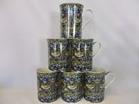 Set of 6 10oz China Mugs in Vintage William Morris Blue Strawberry Thief Design.