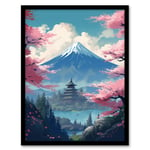 Japan Temple on Mount Fuji Lake Painting Green Blue Pink Cherry Blossom Trees Blooming in Tranquil Forest Landscape Art Print Framed Poster Wall Decor