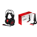 MSI DS502 7.1 Surround Sound Gaming Headset with MSI HS01 Gaming Headset Stand 'Black with Red, Solid Metal Design, Non Slip Base, Cable Organiser, Supports most headsets, Mobile holder'