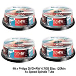 40 Philips DVD+RW 4.7GB Disc 120Min 4x Speed Spindle Tub Rewritable Blank Discs