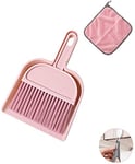 meioro Mini Dustpan and Brush Set, Multi-Functional Cleaning Tool with Hand Broom Brush, Plastic Dust Pan, Coral Fleece Dishtowel/Cleaning Cloth for Home Kitchen Keyboard Cars (Pink, Pack of 2)