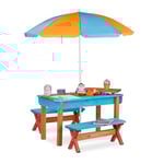relaxdays Ensemble Chaise et Table de Jeux Enfant Jardin, en Bois, Table, 2 bancs et Parasol, Meuble extérieur, coloré