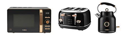Kitchen TOWER ROSE GOLD & BLACK Electrical Appliance Retro Stylish Set - Digital 20 Litre Microwave, 1.7 Litre Bottega Traditional Quiet Boil Kettle & Bottega 4 Slice Toaster