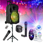 Pack Enceinte Karaoke Autonome sur batterie 600W BOOST-MOBILE12-SET Bluetooth - 2 Micros sans fil - Pied - 2 jeux de Lumière Astro