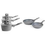 Salter BW02986G Collection Forged Aluminium Non Stick 3 Piece Saucepan Set, Marble Grey & BW04136G Marble Collection Non Stick 2 Piece Frying Pan Set, 20/24cm, Cook Healthy, Grey