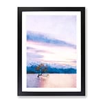 Lone Tree In New Zealand Painting Modern Framed Wall Art Print, Ready to Hang Picture for Living Room Bedroom Home Office Décor, Black A2 (64 x 46 cm)