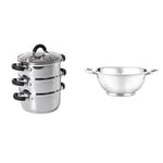 Tower T80836 Essentials Induction Steamer Pans 3 Tier with Glass Lid, Silicone Handles, Stainless Steel, Steamer Cooking, Polished Mirror Finish, 18 cm, Silver & Stainless Steel Collection Colander