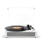 PRIXTON Studio - Tourne Disque Vinyle Vintage - Lecteur de Vinyle et de Musique Via Bluetooth USB, Carte SD et Radio - 2 Haut-parleurs intégrés - Housse Anti-poussière (Blanc)