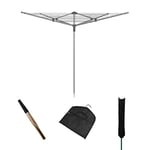 Addis 40m 4 Arm Rotary Washing Line (Grey) Metallic + Peg Bag, Black, one Size + Rotary Airer Protective Cover, Waterproof in Black + Ground Spike with 5 Inserts, Zinc, 32-50mm