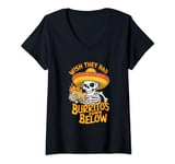 Womens Funny Skeleton in Mexican Sombrero with Spicy Burrito V-Neck T-Shirt