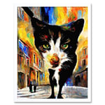 Black Street Cat Walking Bright Neighbourhood Night Art Print Framed Poster Wall Decor 12x16 inch