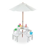 Relaxdays Table de Jeu d’Enfants, extérieur, Plateau Rond, 4 Enfants, Table Pique-Nique Jardin avec Parasol, Bois, Blanc