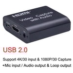 Boîtier d'enregistrement vidéo statique pour jeu PC,streaming en direct,carte de capture en boucle,micro intégré,sortie audio,4K,HDMI vers USB 2.0,3.0 - Type 4K Loop Audio