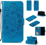 Portefeuille Coque Pour Huawei P30 Smartphone Magnétique Pu Cuir Etui Rabat Avec Fente Pour Carte Et Dragonne Mandala Fleur Motif - Bleu