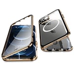 Jonwelsy Coque pour iPhone 12 Pro, 360 Degrés Protection Compatible Magsafe Adsorption Magnétique Case Cover Pare-Chocs en Métal Avant Verre et Arrière Givré PC Etui Housse pour 12 Pro 6.1" (Or)