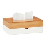 Boîte à mouchoirs, plastique & bambou, lingettes, rectangulaire, HxLxP: 8,5x23,5x15 cm, blanc - nature - Relaxdays