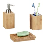 Relaxdays Accessoires salle de bain bambou Set 3 pièces distributeur savon gobelet brosse à dent porte-savon, nature