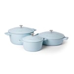 3pc Cast Aluminium Casserole Dish Set with 2x Non-Stick Casserole Dishes, 2.5L/5L and a 4L Shallow Casserole Dish, Light Blue