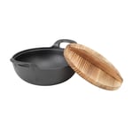 Cast Iron Wok Stir Fry Pan With Wood Wok Lid And 2 Handles Flat Base