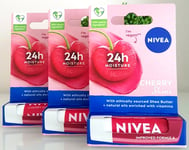 3 x Nivea Cherry Shine Lipstick 24 h Moisture With Natural Oils Shea Butter ,Vit