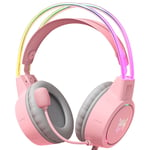 Casque d'oreille de chat rose avec lumiere LED RVB Flexible Mic Casque de jeu Casques RVB Stéréo Musique Écouteur pour PC Gamer Filles Cadeau-Rose RVB 3,5 mm USB