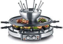SEVERIN Raclette-Fondue Pour 8 pers., 1 900W, Anti-Adhésif, Pierre à Grillades (Ø 13cm), Caquelon Inox, Câble de 2m, Inox, RG 2348