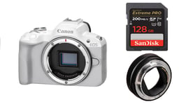 Boîtier Canon EOS R50 (blanc)+ EF-EOS R Mount Adapter + SanDisk 128GB Extreme PRO UHS-I SDXC Memory Card