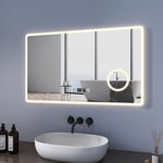 Meykoers Miroir de salle de bain Illumination avec horloge 100x60cm Dimmable lumineux Mural Miroir Led avec 3x Loupe Interrupteur Tactile