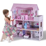 COSTWAY Dockhus i trä - 13 tillbehör med 3 våningar 61 x 26,5 x 71 CM Presenter för barn 3 år+ Rosa. Rosa
