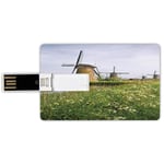 16G USB Flash Drives Credit Card Shape Windmill Decor Memory Stick Bank Card Style Country Landscape The Netherlands Spring Blooming Parsley Decorative,Green Light Coffee Light Blue Waterproof Pen Thu
