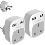 UK to European Travel Adapter 2 Pack, Schuko Grounded Euro EU Plug Adapter with