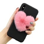 Pepmune Compatible with Samsung Galaxy A50 Phone Case Girls Women Cute 3D Faux Rabbit Heart-Shaped Pink Pompom Fluffy Case Soft Protective Black Silicone Cover for Samsung Galaxy A50