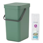 Brabantia Sort & Go Recycling Bin – 12Litre & 10x Compostable Bags – Fir Green