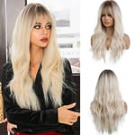 Lång blond peruk med lugg Naturligt syntetiskt hår Ombre blond W