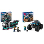 LEGO City Race Car and Car Carrier Truck Toy, Vehicle and Transporter Building Set & City Blue Monster Truck Toy for 5 Plus Year Old Boys & Girls, Vehicle Set