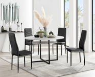 Adley Grey Concrete Effect And Black Round Dining Table with  Shelf and 4 Faux Leather Milan Dining Chairs