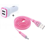 Pack Chargeur Voiture Pour Xiaomi Redmi Note 6 Pro Smartphone Micro-Usb (Cable Smiley + Double Adaptateur Led Allume Cigare) - Rose